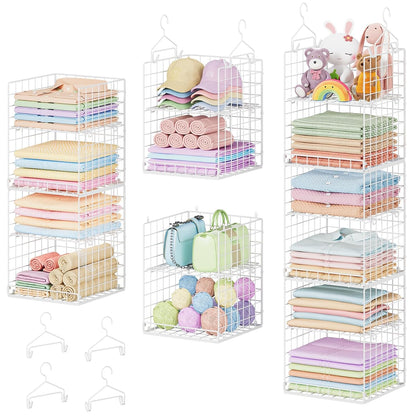 Yuyetuyo 6 Tier Raised-Height Hanging Closet Organizer, Stackable Sweater Organizer for Closet, Wire Storage Basket Bins for Clothes Purse Shoes, Hanging Shelves with 4 Hooks & 3 Dividers Adjustable