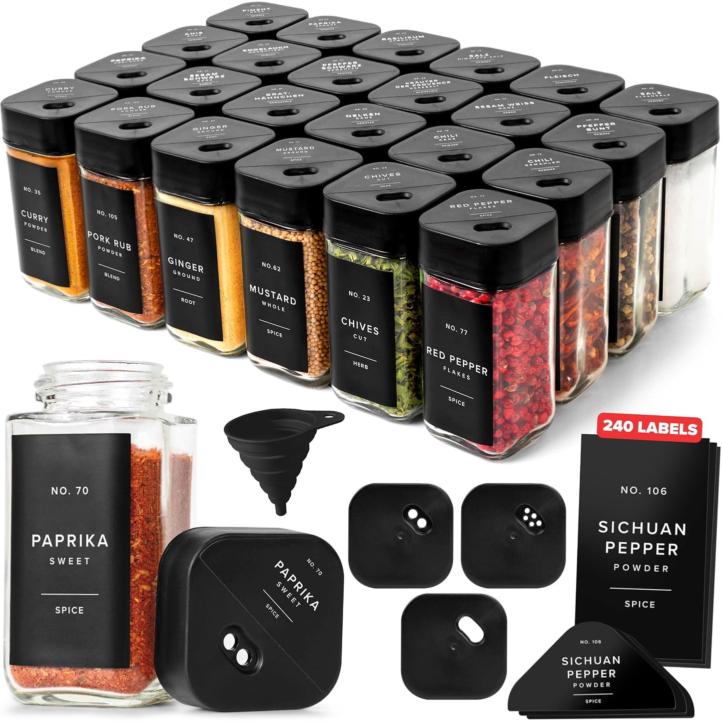 Square Glass Spice Jars with Label and Black Rotat... (Glass)