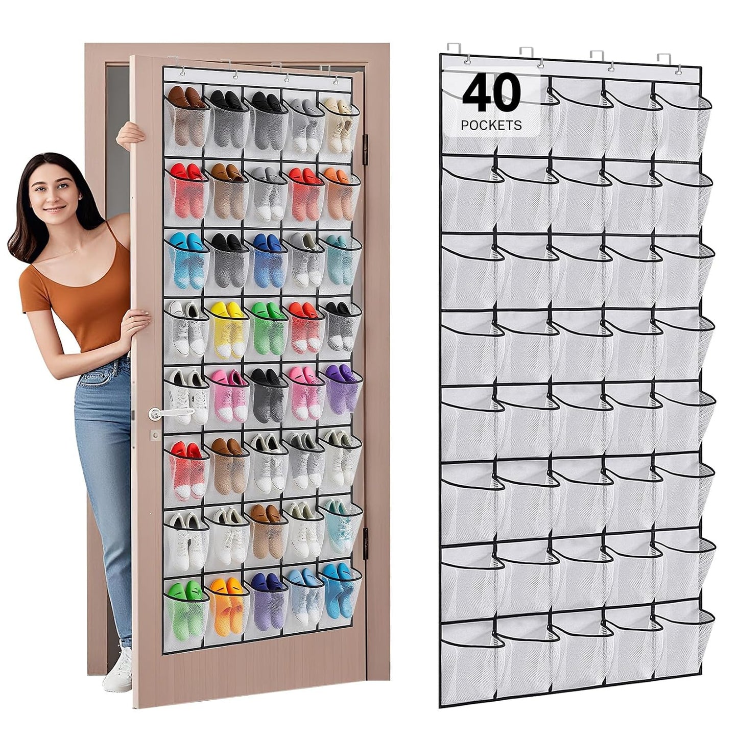 40 Large Mesh Pocket Over the Door Shoe Organizer,Hanging Shoe Rack for Door,Hualleko Shoes Organizer Hanger with Large Capacity, Shoes Storage Holder Sturdy Non-woven Fabric - Stores 20 Pairs (White)