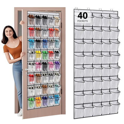 40 Large Mesh Pocket Over the Door Shoe Organizer,Hanging Shoe Rack for Door,Hualleko Shoes Organizer Hanger with Large Capacity, Shoes Storage Holder Sturdy Non-woven Fabric - Stores 20 Pairs (White)
