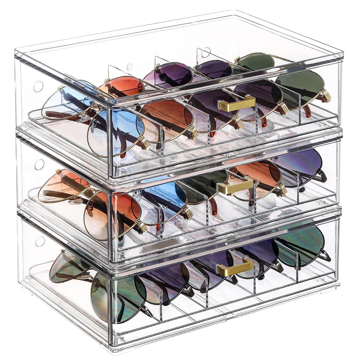 LALOBLUE Clear Acrylic Sunglasses Organizer, Stackable Eyeglass Storage Case with Gold Handles, Glasses Display Holder