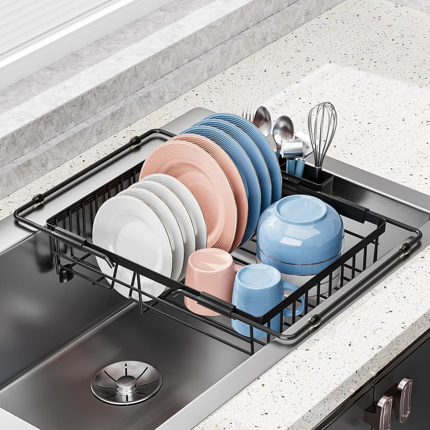 Expandable in Sink Dish Drying Rack - Adjustable Capacity Over The Sink Dish Drainer Drying Rack with Utensil Holder for Kitchen Counter, Drying Rack for Small Space,14.96“L x 11.81“W x 3.74”D