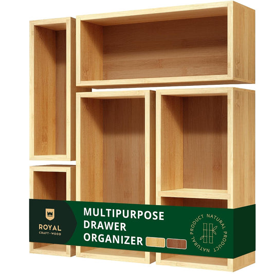 ROYAL CRAFT WOOD 5-Piece Bamboo Drawer Organizer Set – Multi-Use Storage Trays for Kitchen, Bathroom, Office, Makeup, Jewelry & More – Junk Drawer Tray, Utensil Holder, Storage Box & Bin Set (5 Boxes)