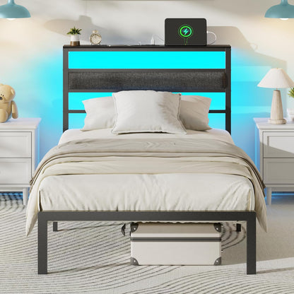 Twin Bed Frames, Upholstered Headboard and Storage Shelf, Black | led lights, under-bed storage, no box spring, easy assembly, sturdy steel frame, USB+Type-C+AC ports, app & remote control