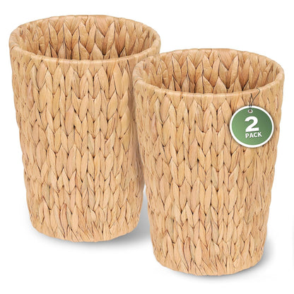 iEGrow 2 Pack Wicker Trash Can, Small Bathroom Trash Can, 2 Gallon Woven Natural Water Hyacinth Waste Basket for Bedroom, Boho Garbage Can for Decor Home Kitchen Living Room Office (Round)