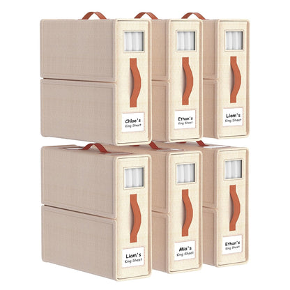 Bed Sheet Organizers, Foldable Linen Closet Storage, 6 Pack, Beige | Fits King/Queen sets, Durable linen boxes with inner elastic straps & dual-sided clear windows/labels for blankets & duvets