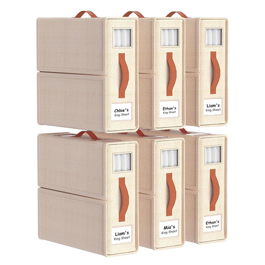 Bed Sheet Organizers, Foldable Linen Closet Storage, 6 Pack, Beige | Fits King/Queen sets, Durable linen boxes with inner elastic straps & dual-sided clear windows/labels for blankets & duvets