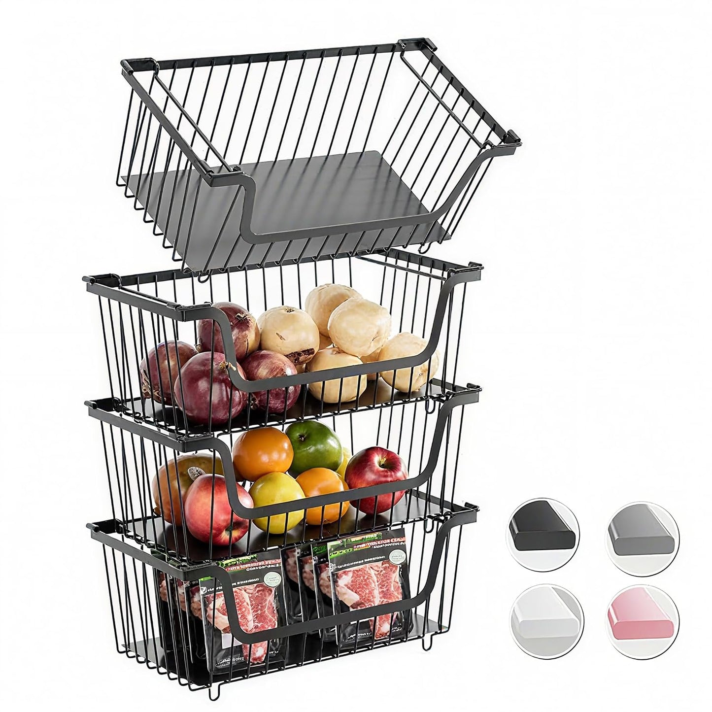 4 Pcs Stackable Wire Baskets Pantry Organizers and Storage Bins,Black | Breathable Metal Design with Rotating Handle,Ideal for Potato Onion Garlic Fruit Snack Veggie Kitchen Countertop Organization