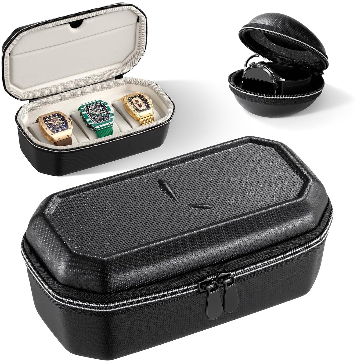 Watch Travel Case, Storage Watch Box for Men (3 Slots +Single) | 3 Slots Watch Cases, Single Watch Case, EVA Hard Shell, Zippered Organizer, Suitable for Wristwatches and Smart Watches