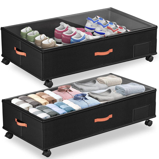 Under Bed Storage with Wheels,2-Pack Under Bed Sto... (Black | Oxford Cloth)