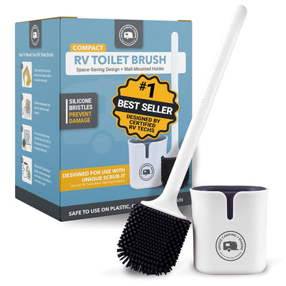 Unique Silicone RV Toilet Brush with Compact Holder | Non-scratch silicone bristles for RV toilet bowl cleaning; wall-mount no-drip holder saves camper bathroom space