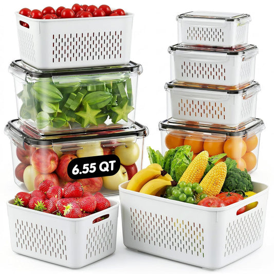 JSCARES Fruit Storage Containers for Fridge with Removable Colander, 6 Pack | Plastic Produce Saver for Refrigerator, Fruit Organizers Keep Berry Veggie Fresh Longer, Dishwasher Safe, Largest 6.55 Quart
