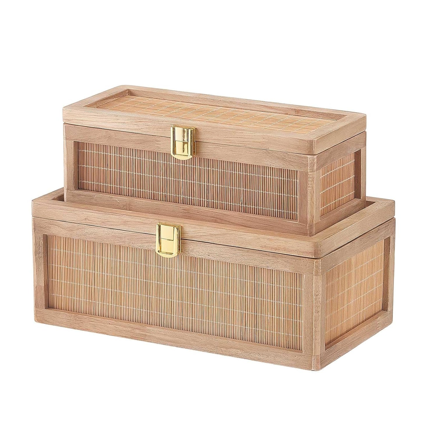 Natural Bamboo Decorative Box with Lids, Unique Decorative Boxes Set of 2, Boho Wedding Keepsake Box, Memory Box with Lid for Crafts, trinkets and Photo Storage