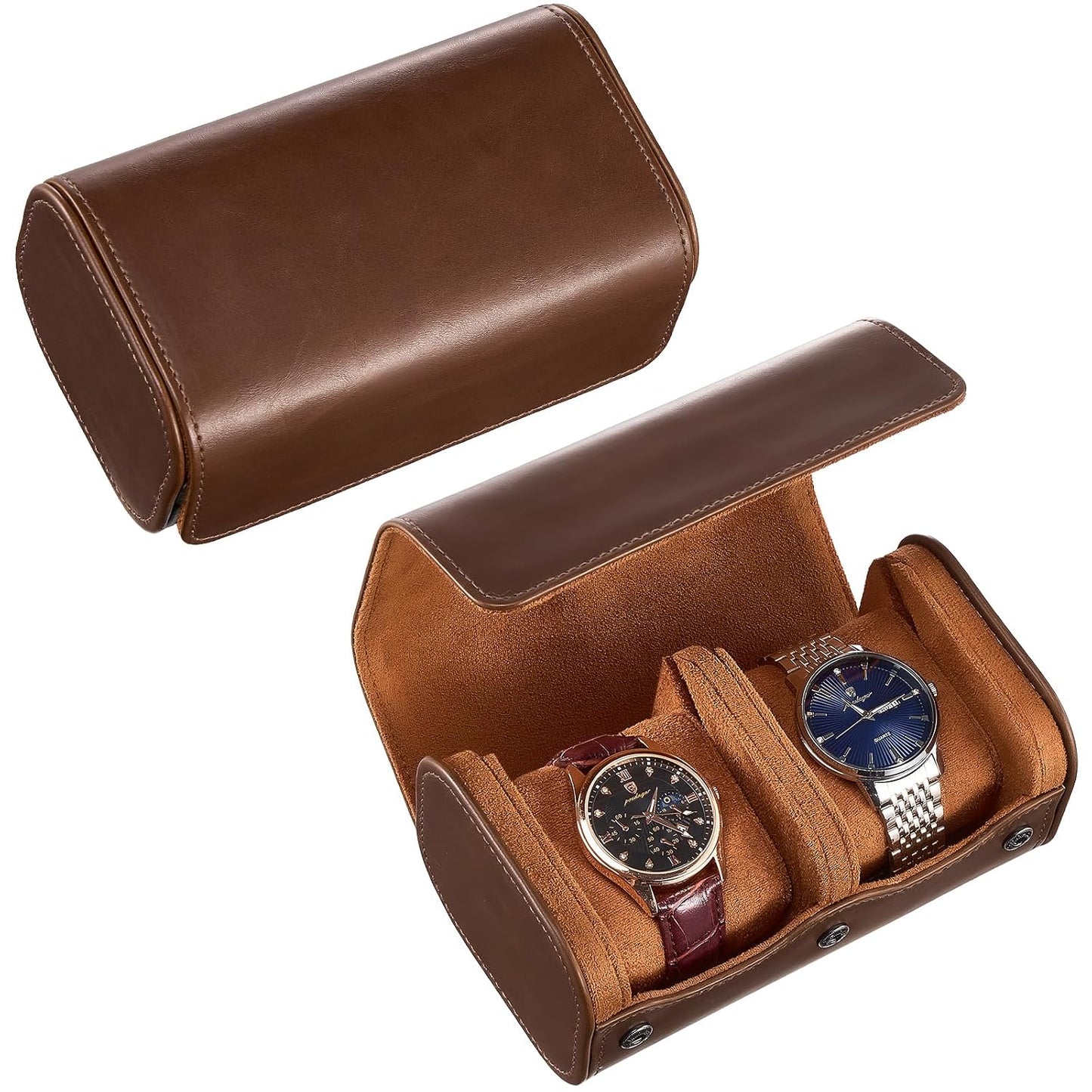 ProCase Watch Travel Case, 2 Slot PU Leather Watch Roll Box for Men, Brown | Portable Watch Organizer, Anti-Shift Angled Pillow Track, Scratch Resistant Soft Lining, Ideal Gift for Him/Her