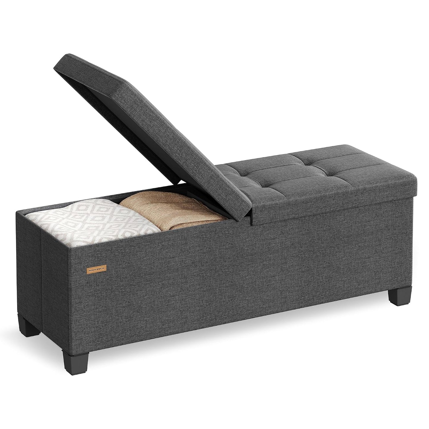 SONGMICS Storage Ottoman Bench with Legs, Folding Ottoman Foot Rest with Flipping Lid, Bench with Storage, for Living Room, Bedroom, Entryway, Linen-Look Fabric, 43.3 Inches, Slate Gray ULSF079GN01