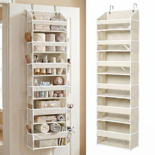 UPGRADED 6 Tiers Over The Door Organizer Hanging - 100D EXTRA THICK & 50lbs HUGE CAPACITY, 12 Side Mesh Pockets Over The Door Shoe Organizer, Hanging Closet Organizer (Ivory, 1pc)