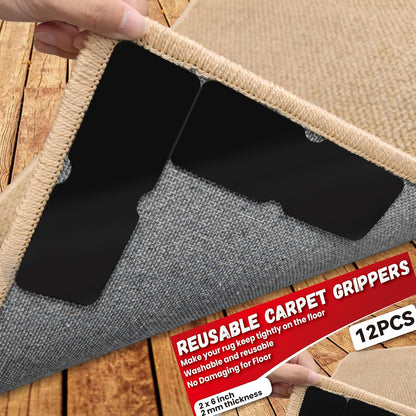 Reusable Rug Tape Non Slip Grippers for Hardwood Floors No Damaging, 12Pcs | Keep Carpet Corners Down Flat on Laminate Floor, Tiles, Under Carpet Double Sided Tape Stickers Pads Invisible No Residue