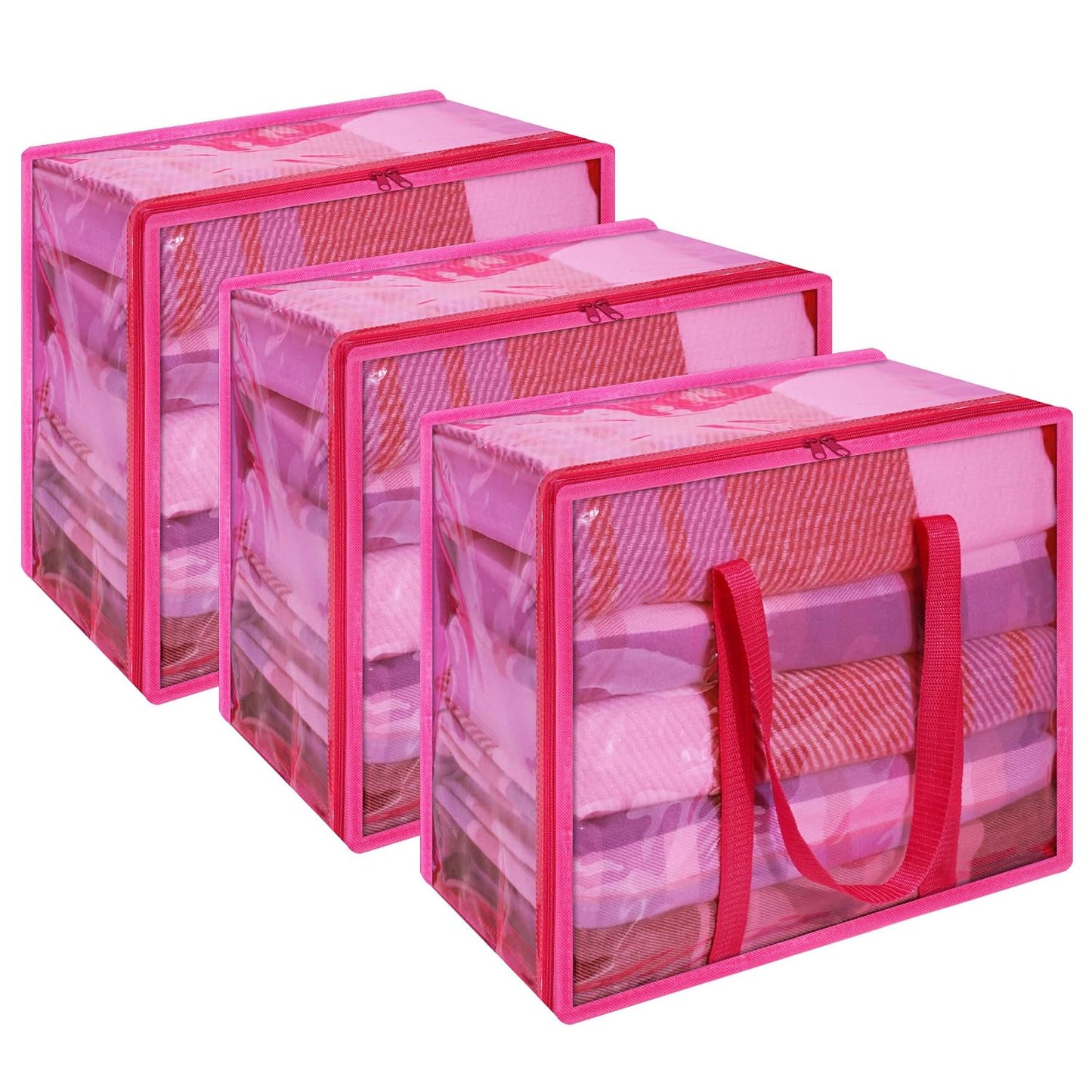 Pink 40L Clear Clothes Storage Bag with Zipper 3 Pack | Colorful Clothes Organizer, Vinyl Storage Bag for Comforter, Blanket, Bedding, Duvet, Transparent Moving Totes
