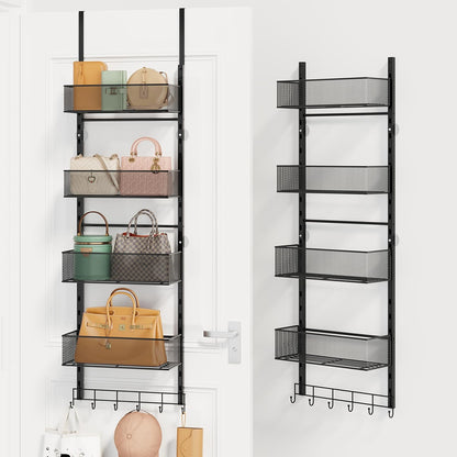 Over the Door Purse Organizer - Wall Mounted Purse Rack with 4 Adjustable Metal Basket and 6 Hooks, Hanging Bag Rack for Handbag Organizer, Bag Storage Can Use As 1/2 Part, for Door