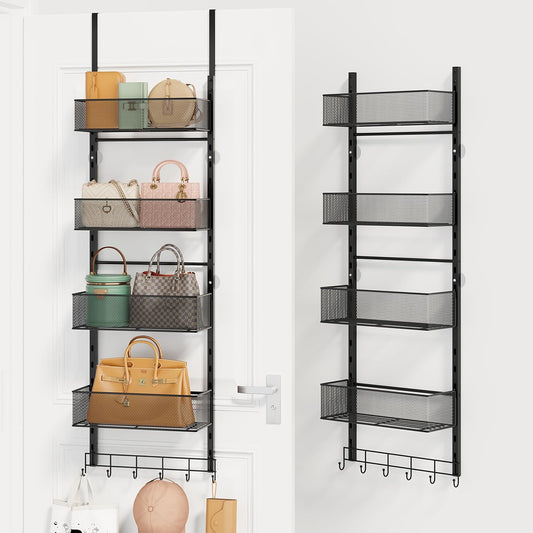 Over the Door Purse Organizer - Wall Mounted Purse Rack with 4 Adjustable Metal Basket and 6 Hooks, Hanging Bag Rack for Handbag Organizer, Bag Storage Can Use As 1/2 Part, for Door
