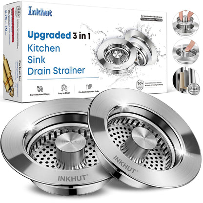 Upgraded 3 in 1 Kitchen Sink Drain Strainer (Silver-2Pack) | Stainless Steel Sink Stopper, Anti-Clogging Food Catcher Basket, Bounce Core Drain Strainer Plug for 3 1/2 inch Drain