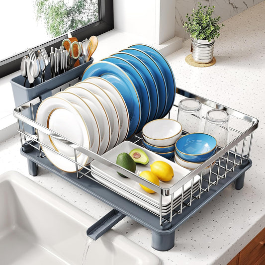 SNTD Dish Drying Rack for Small Kitchen Counter, 11" W x 15" L, Black | Space Saving, Rotating Spout & Angled Drainboard for Quick Drainage, Stainless Steel, Removable Utensil Holder