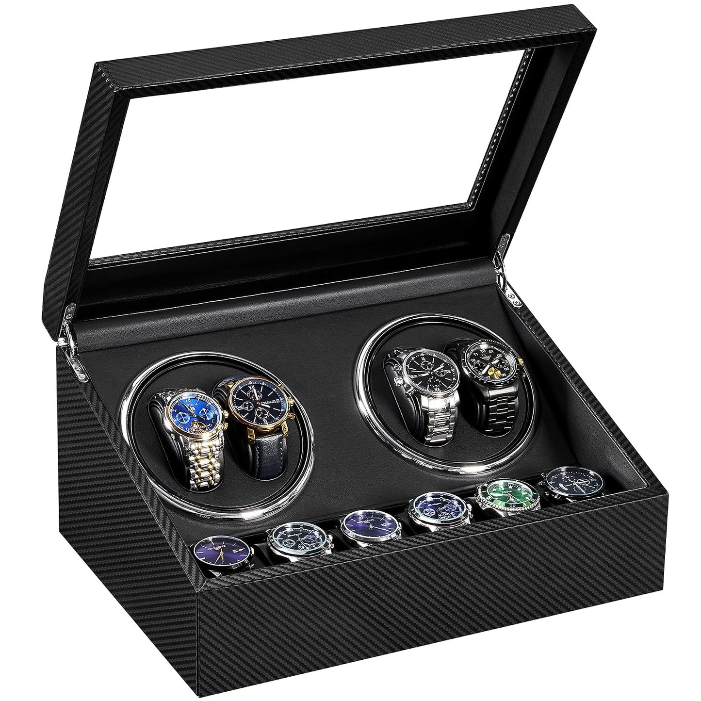 ANWBROAD Watch Winders for Automatic Watches, 4 Watch Winder | Automatic Watch Winder with 4 Watches Rotator and 6 Extra Storages,Japanese Quiet Motor,Carbon Fiber Watch Winders,UJWW012C