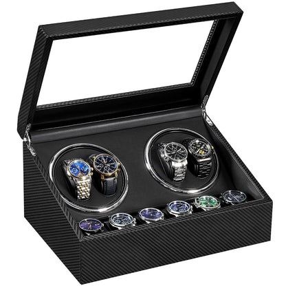 ANWBROAD Watch Winders for Automatic Watches, 4 Watch Winder | Automatic Watch Winder with 4 Watches Rotator and 6 Extra Storages,Japanese Quiet Motor,Carbon Fiber Watch Winders,UJWW012C