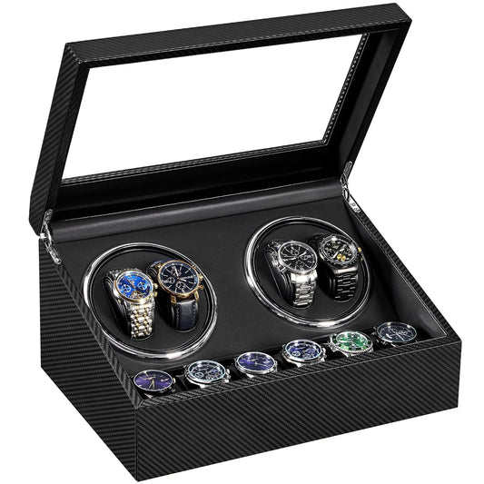 ANWBROAD Watch Winders for Automatic Watches, 4 Watch Winder | Automatic Watch Winder with 4 Watches Rotator and 6 Extra Storages,Japanese Quiet Motor,Carbon Fiber Watch Winders,UJWW012C