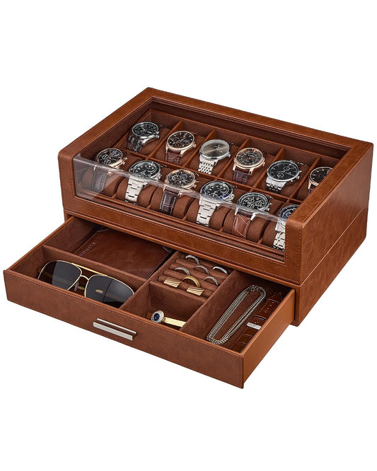Watch Box for Men, 12 Slots Watch Display Holder -... (Brown | Leather)
