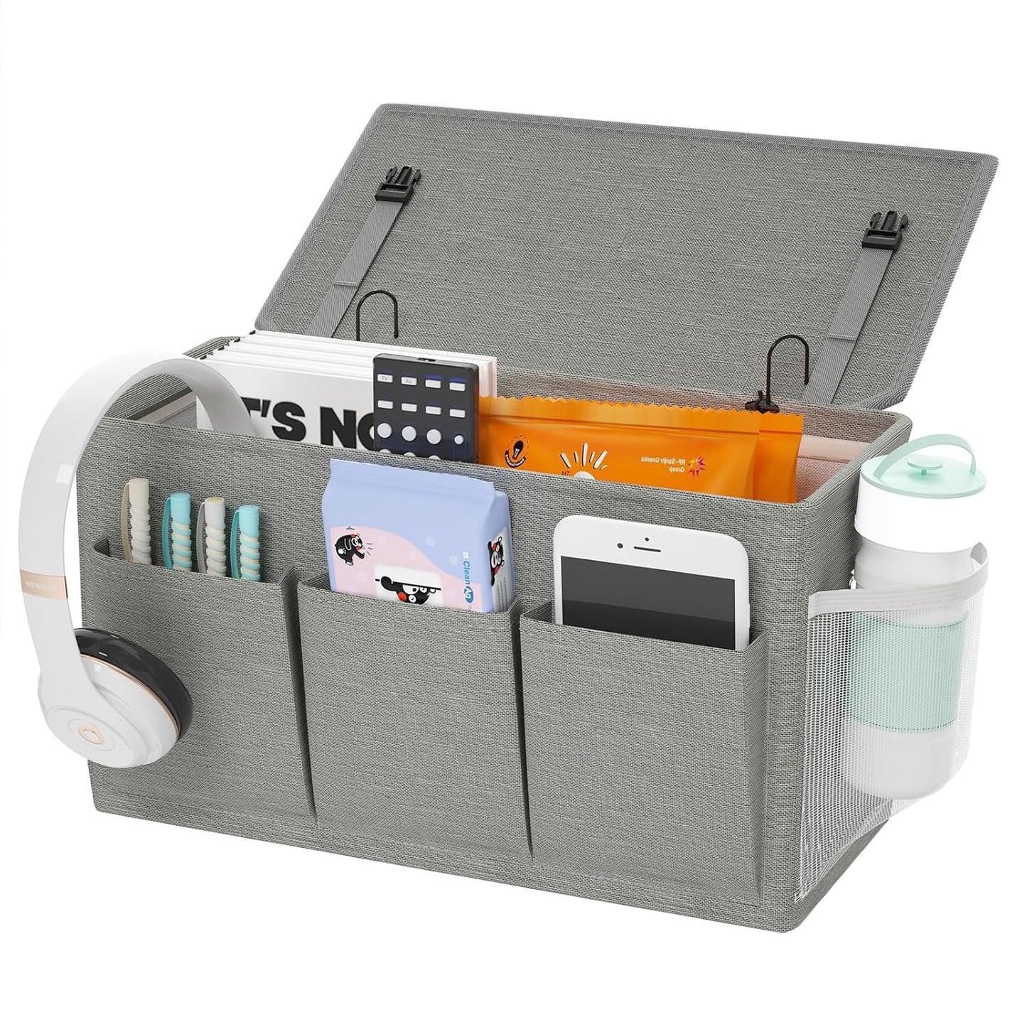 Bedside Caddy Storage Organizer for Bed Rails, Bed Caddy with 6 Pockets | Bedside Organizer with Fixed Straps and Hooks, Mattress Supported Versatile for Home, Dorm, Bunk, Hospital and Crib Bed