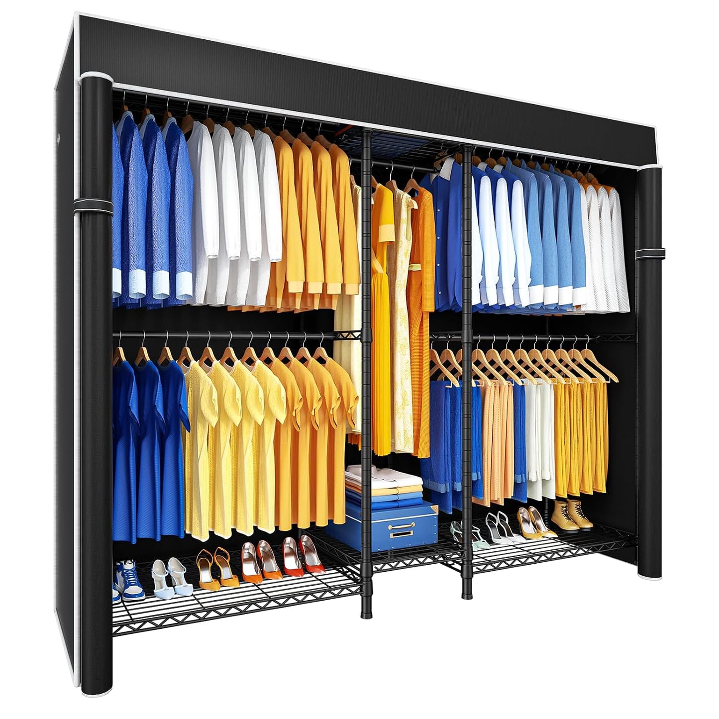 E12C Pro Heavy Duty Closet Organizer System，Freestanding Clothing Rack, Adjustable Garment Rack 71" W x 16" D x 76.5" H Holds 960 lbs, Black Rack with Black Dustproof Cover
