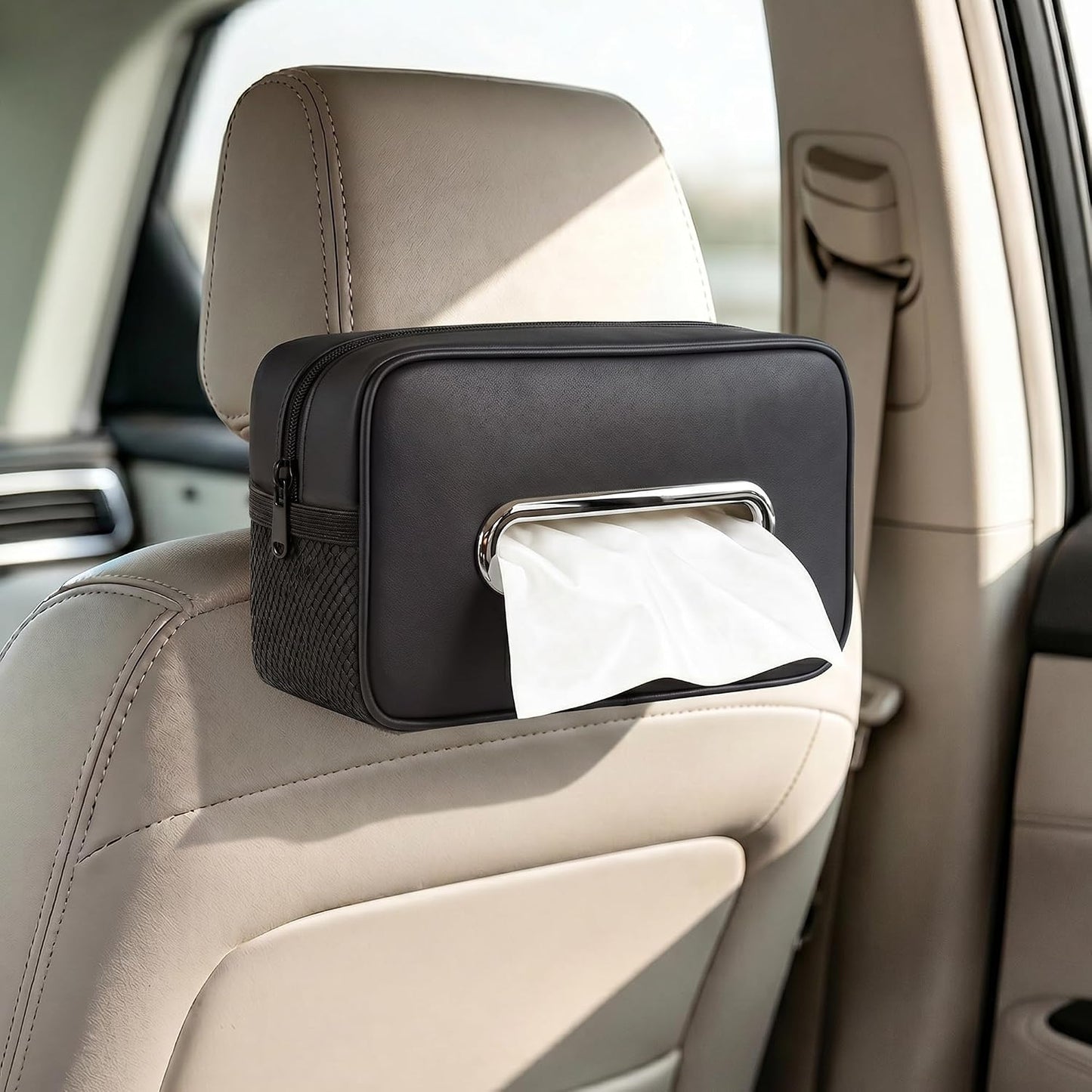 Car Tissue Box Holder PU Leather Car Organizer with Side Storage Pockets | Tissue Box Cover, Fits 120-160 Standard Rectangular Tissue Boxes, Large Capacity Backseat Tissue Organizer for Car SUV Truck