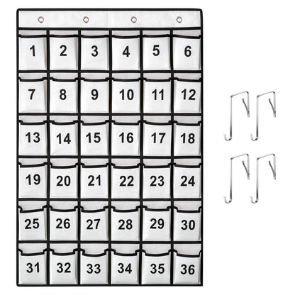 SAVERHO 36 Pockets Numbered Classroom Pocket Chart for Cell Phones, Hanging Pocket Chart Storage for Classroom Phone Calculator Holder with 4 Stainless Steel Hooks (White-36pockets)