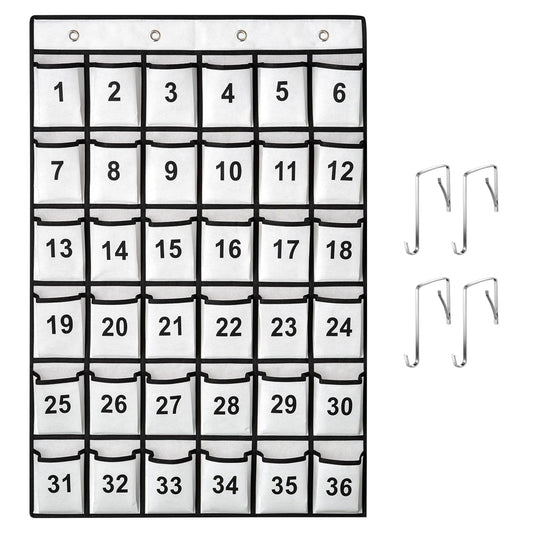 SAVERHO 36 Pockets Numbered Classroom Pocket Chart for Cell Phones, Hanging Pocket Chart Storage for Classroom Phone Calculator Holder with 4 Stainless Steel Hooks (White-36pockets)
