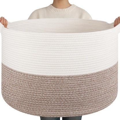 OIAHOMY 90L XXXLarge Blanket Basket for Living Room, 21.7" x 13.8" Woven Cotton Rope Laundry Basket for Organizing Pillows, Decorative Stuffed Animal Toy Storage for Nursery, White and Linen Brown