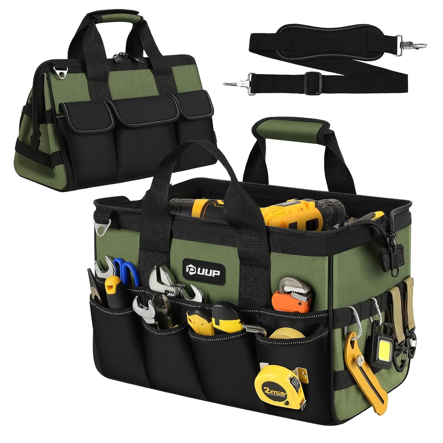 UUP Heavy Duty Tool Bag 15Inch, 16-Pocket Portable Empty Tool Box Organizer | Big Storage Toolbox Organization, Soft Handle Large Zipper Carrying Toolbag, Father Day Gifts for Him Dad Men, Green
