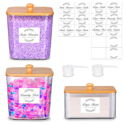 efluky 3 Pack Laundry Pods Container & Dryer Sheet Holder Set,Clear Laundry Room Organization Containers with Bamboo Lids and Labels,Laundry Pods Holder for Scent Booster,Powder,Pod