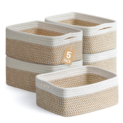 5 Pack Small Woven Storage Baskets for Shelves, Cotton Rope Baskets Organizer for Bathroom, Closet & Nursery, Decorative Storage Bins for Organizing Socks, Toys, 11.8"x7.9"x4.7", Khaki/White