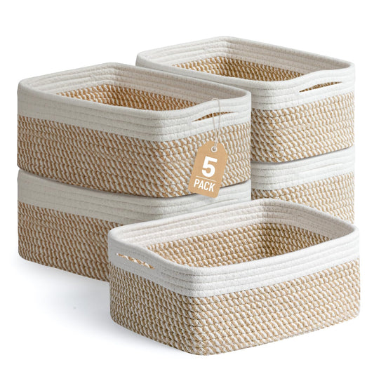 5 Pack Small Woven Storage Baskets for Shelves, Co... (Khaki & White | Cotton)