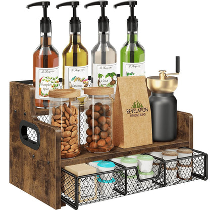 Coffee Syrup Rack Organizer, 3-Tier 8 Bottles Syrup Holder Stand with 35 K Cup Storage Basket Drawer for Coffee Bar, Wood Liquor Shelf Wine Rack Countertop for Home, Rustic Brown