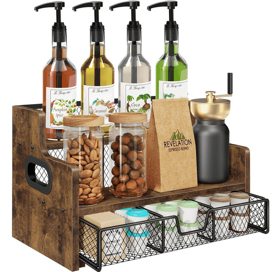Coffee Syrup Rack Organizer, 3-Tier 8 Bottles Syrup Holder Stand with 35 K Cup Storage Basket Drawer for Coffee Bar, Wood Liquor Shelf Wine Rack Countertop for Home, Rustic Brown