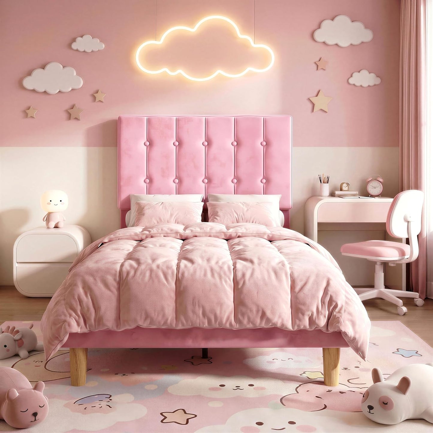 LIKIMIO Twin Bed Frames with Headboard, Velvet Upholstered, Pink