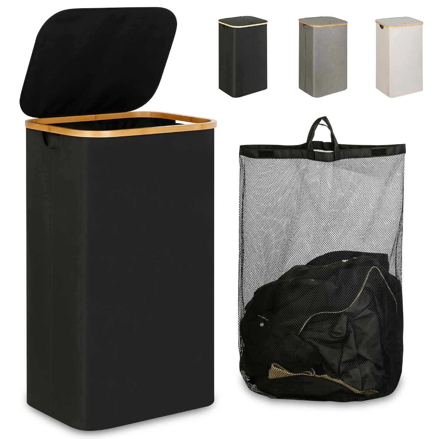 IEGrow Laundry Hamper with Lid, 110L Laundry Basket with Bag,Black | Dirty Clothes Hamper Basket with Bamboo Handle for Clothes Towels Organization