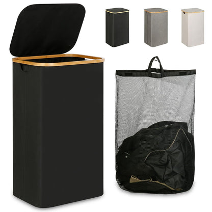 IEGrow Laundry Hamper with Lid, 110L Laundry Basket with Bag,Black | Dirty Clothes Hamper Basket with Bamboo Handle for Clothes Towels Organization