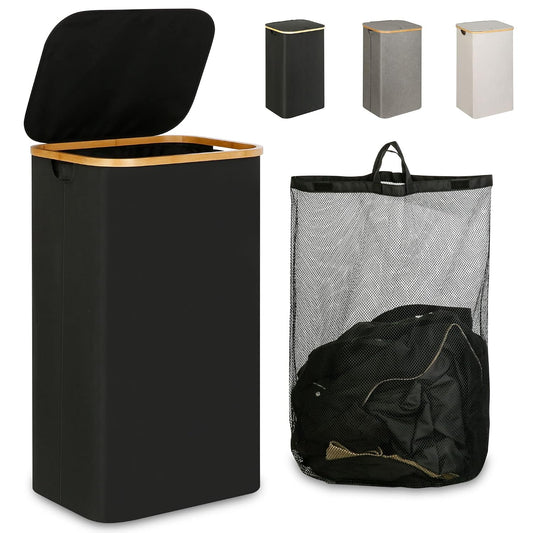 IEGrow Laundry Hamper with Lid, 110L Laundry Basket with Bag,Black | Dirty Clothes Hamper Basket with Bamboo Handle for Clothes Towels Organization