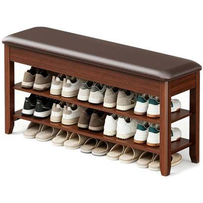 LBT Shoe Bench with Storage, Solid Rubberwood Shoe Rack Bench for Entryway | Adjustable 6.3" Shelf Fits High-Top Shoes & Boots, Hidden Storage Compartment, Cushion Seat, Stay-Open Hinge, Walnut