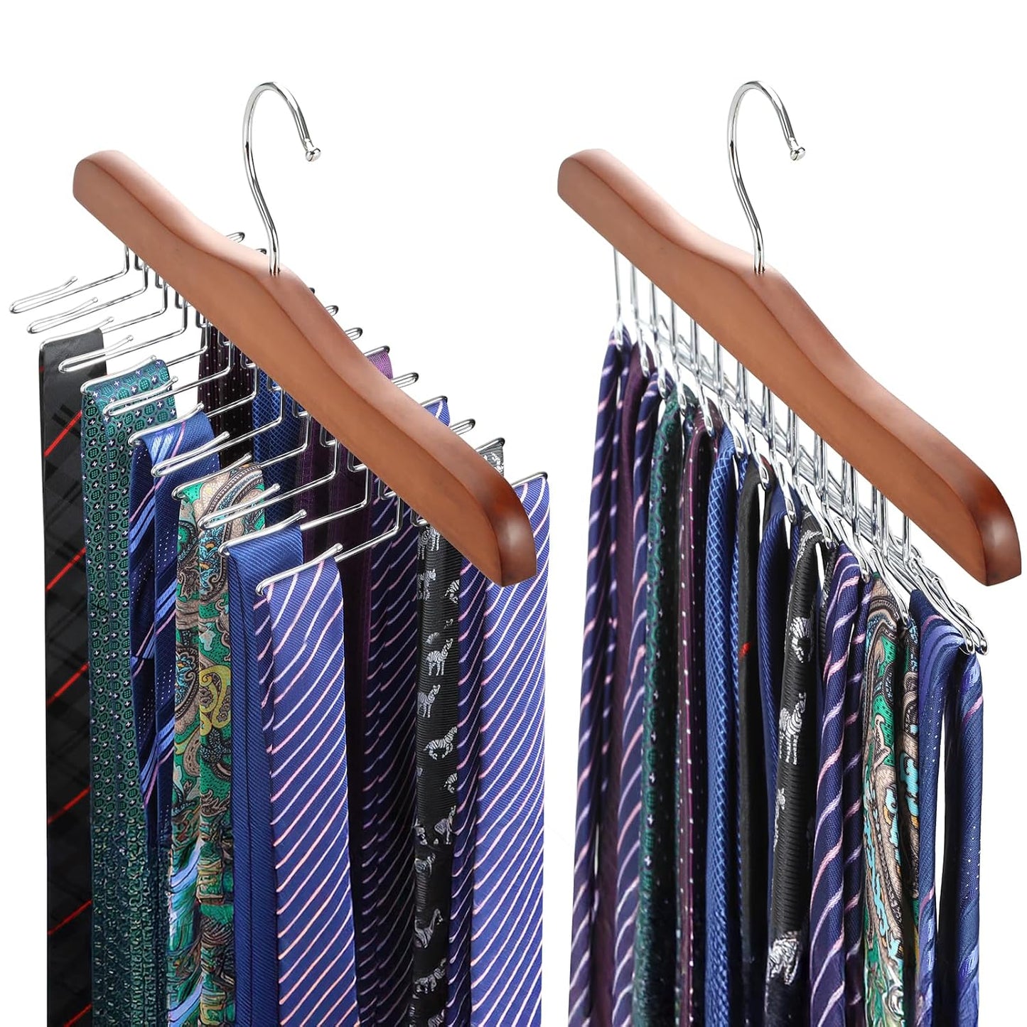 TOPIA HANGER Tie Rack Hanger for Closet 2 Packs, Wooden Tie Organizer for Men with 24 Folding Hooks, Space Saving Necktie Holder for Storage and Display Bra, Tank Top, Camisole (Walnut)-CT14WA-2