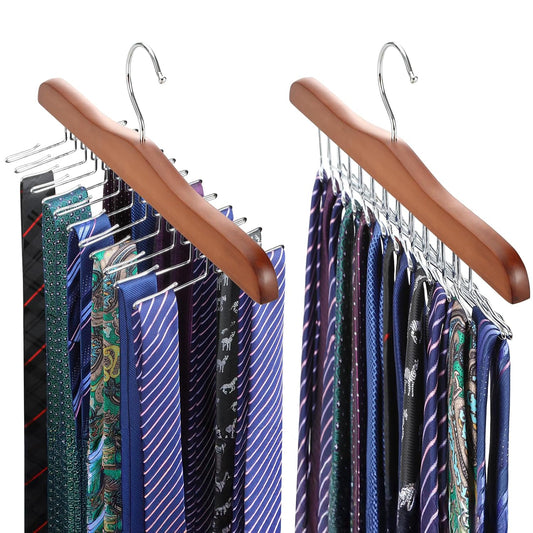 TOPIA HANGER Tie Rack Hanger for Closet 2 Packs, Wooden Tie Organizer for Men with 24 Folding Hooks, Space Saving Necktie Holder for Storage and Display Bra, Tank Top, Camisole (Walnut)-CT14WA-2