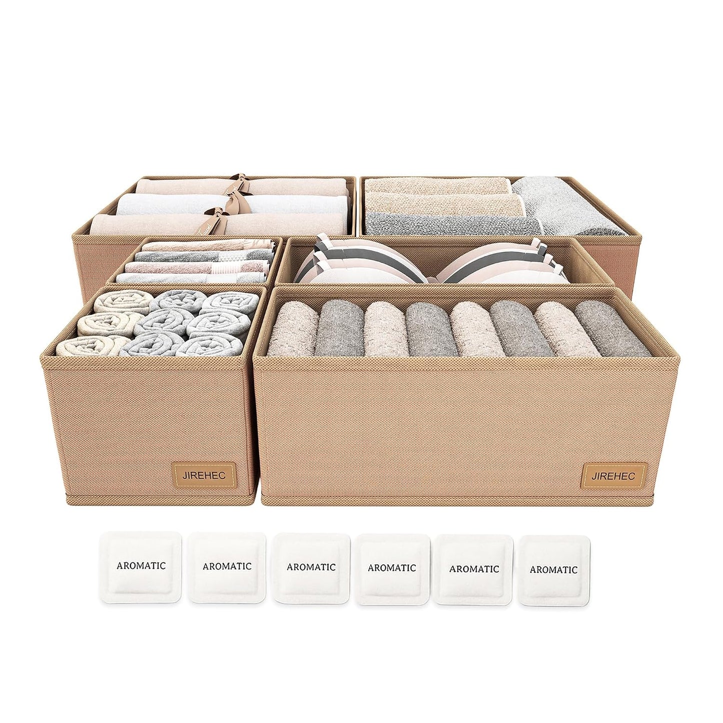 Dresser Drawer Organizer Clothes, 6 Pack Foldable Storage Boxes with Zipper, 600D Fabric, Cream, Drawer Dividers for Underwear, Socks, Baby Clothes